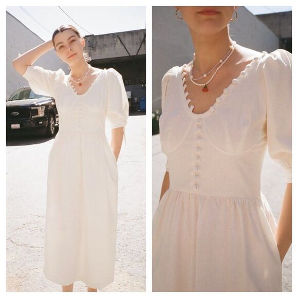 TACH Dresses & Skirts - Tach Clothing Piscis Midi Dress Cream Puff Sleeve Pockets Size S Linen Cotton